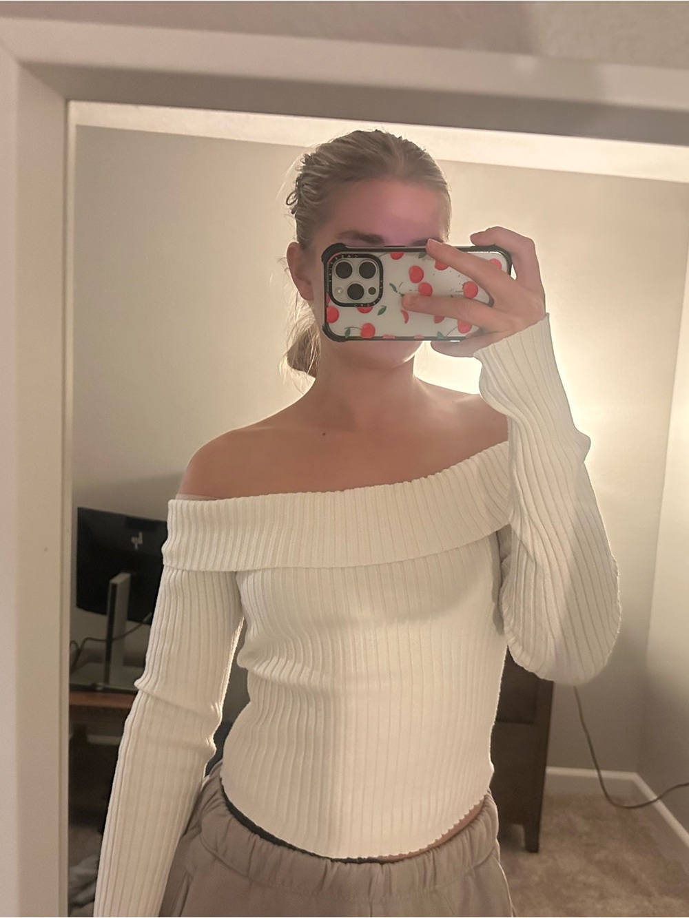 Edikted Off-Shoulder Ribbed Sweater Top in White